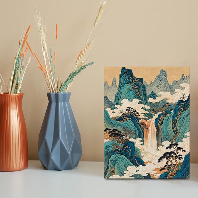 Japanese Waterfall Print Wall Art, Nature Landscape Mountains and Rivers Canvas Framed Prints Room Decor, Housewarming Gifts, Vintage Aesthetic Prints for Living Room Office Entryway 15x11.4 inch