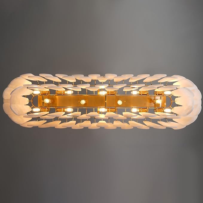 Chandeliers for Dining Room, L47.2 in Modern Alabaster Rectangle Brass Chandelier, 4-Tiers Luxury Natural Stone Ceiling Light Fixture, White Marble Chandeliers for Kitchen Island Living Room Bedroom