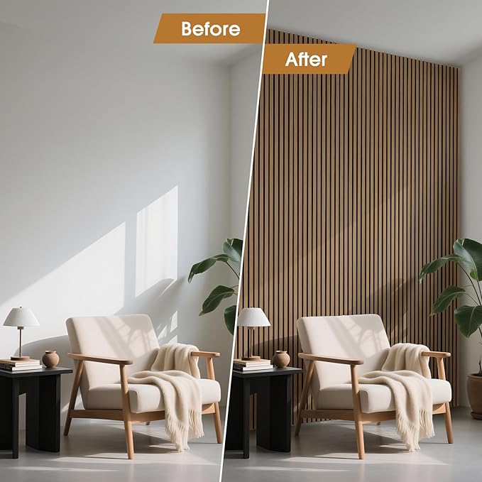 Acoustic Wood Slat Panels 2 Pack 106" x 12.6", Soundproof Wooden Wall Panels, 3D Fluted Panel for Interior Wall Decor, Living Room, Bedroom - Teak (Cover Approx. 19 sq.ft)