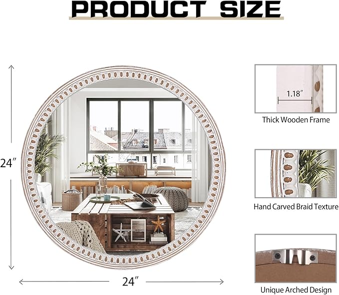 24 inches Decorative Round Wood Mirror with Bead, Rustic Farmhouse Circle Mirrors for Wall Decor, Living Room, Entryway, Bathroom Over Sink