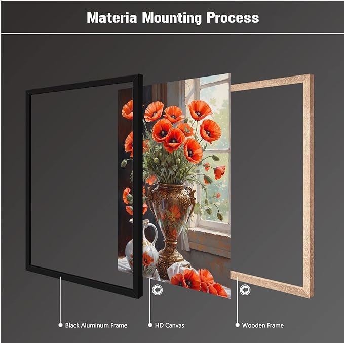 Vibrant orange poppy flowers canvas painting Gold vase White ceramic jug Intricate floral pattern Sunlit window Peeling paint Realistic brushstrokes Rich color palette Botanical wall art decor