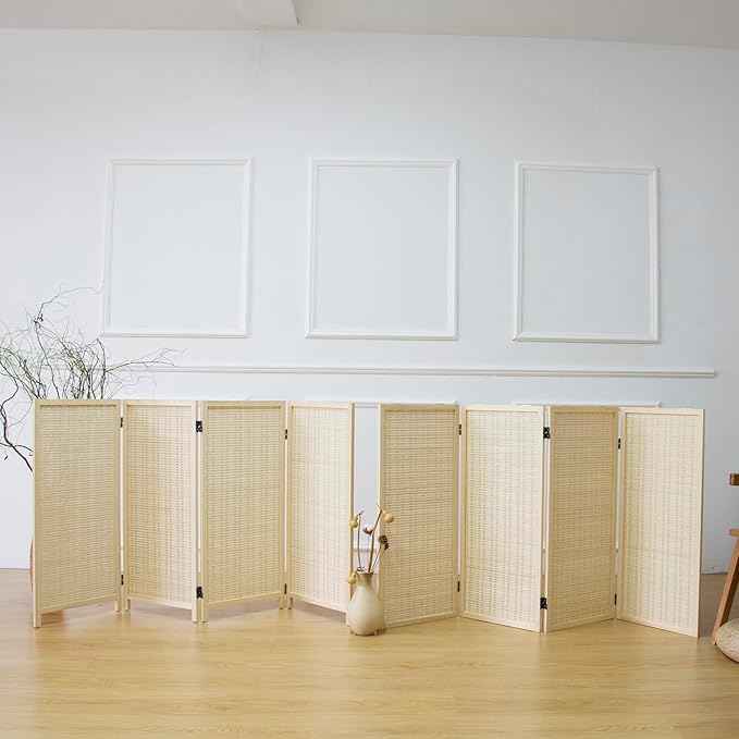 4 Panel Bamboo Room Divider and Folding Screen Divider,Two in One Detachable and Foldable Panel Divider for Room Separation,Beige,67" H x 61.4" W