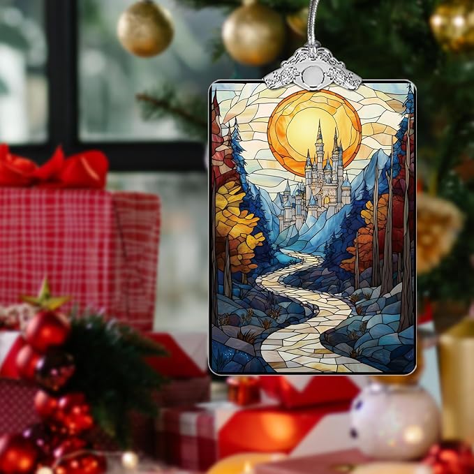 Christmas Tree Ornament, Stained Glass Style Hanging Decoration and Acrylic Window Suncatcher, Castle with Sunset Mountains Design, for Family Friends