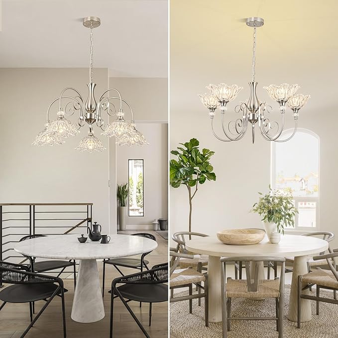 5-Light Chandeliers in Brushed Nickel Finish with Crystal Glass Shades, Brushed Nickel Chandelier Light for Dining Room,Hallway,Kitchen