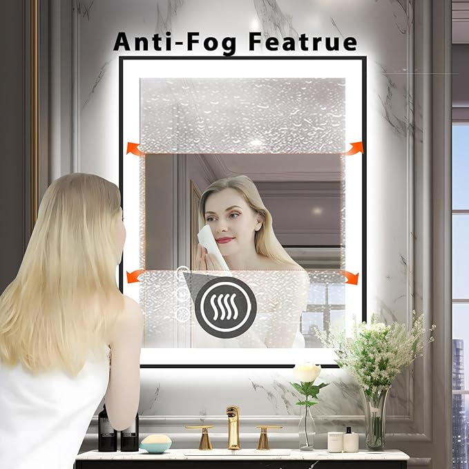 30x36 Lighted Mirrors for Bathroom Wall, Modern Rectangle Matte Black Mirror, Tempered Glass,Double Lights, 3 Colors Dimmable Temperature, IP54 Enhanced Anti-Fog, Memory (Horizontal/Vertical)