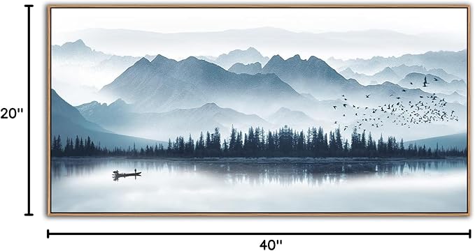 arteWOODS Indigo Framed Canvas Wall Art Misty Mountain Wall Pictures Foggy Lake Boat Painting Prints Forest Birds Artwork Wall Decor for Living Room Bedroom Decorations Framed 20" x 40" Natural
