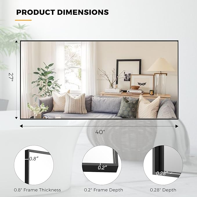 27x40 Inch Black Bathroom Mirror for Wall, Aluminum Frame Rectangle Rectangular Vanity Mirror, Modern Large for Bedroom, Living Room, Horizontal or Vertical