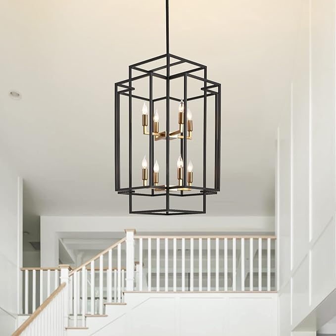 8-Light Black and Gold Chandeliers for Entryway, 31.5" Rectangular Farmhouse Foyer Lighting Fixtures for High Ceilings, Large Pendant Light for Staircase Entry Dinning Room Kitchen Island