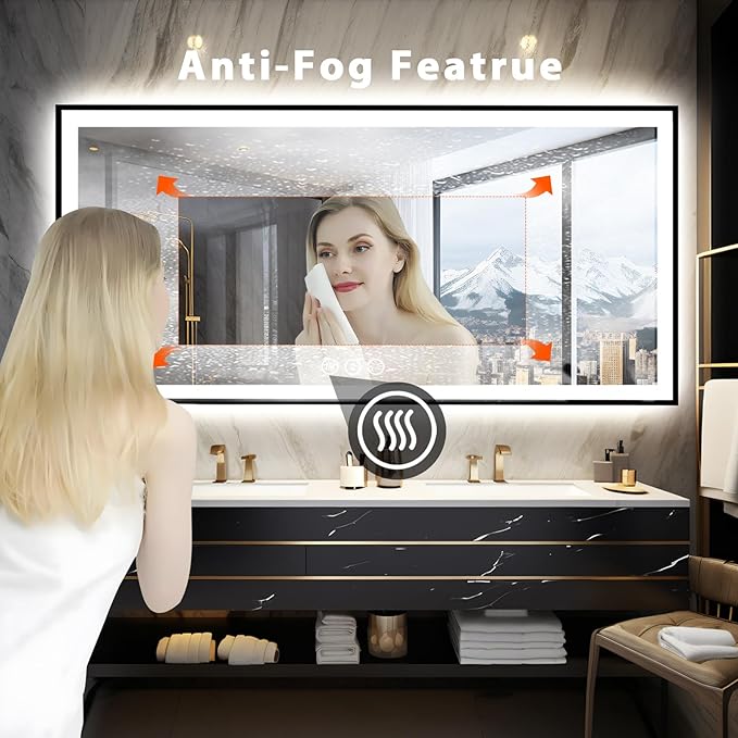 84x40 Large Light up Bathroom Mirror, Wall-Mounted LED Vanity Mirrors, Black Trim and Double Lights, 3 Colors and Stepless Dimming, Anti-Fog, Memory, Shatterproof (Horizontal/Vertical)