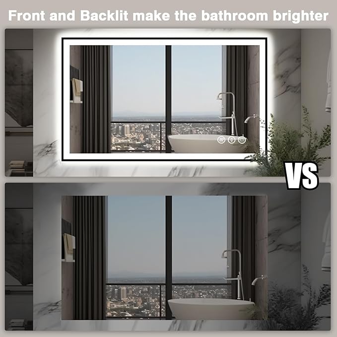 48x30 LED Bathroom Mirror - Black Aluminum Framed, Anti-Fog Lighted Vanity Mirror, Stepless Dimmable, 3 Colors Smart Mirror