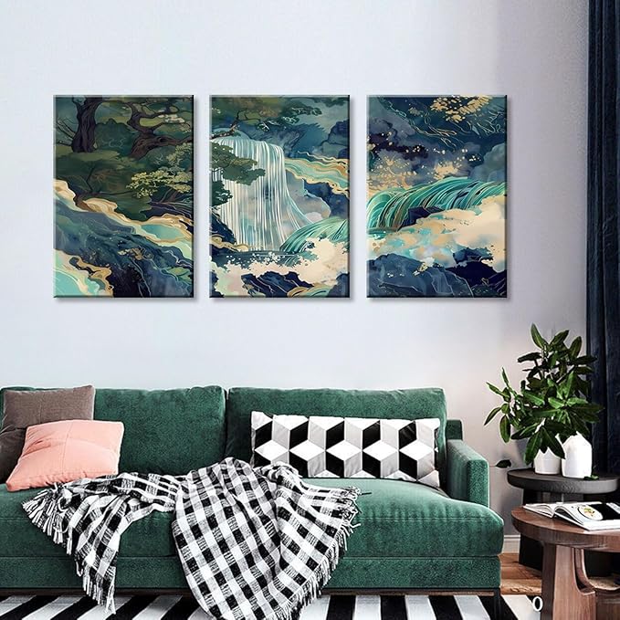 3pcs Framed Japanese Canvas Wall art Painting Large Waterfall Scenery Poster Print Wrap Canvas Artwork Nature Scenery Abstract Blue Waterfall Zen Art Print Living Room Bedroom Office Decor 16x24 Inch