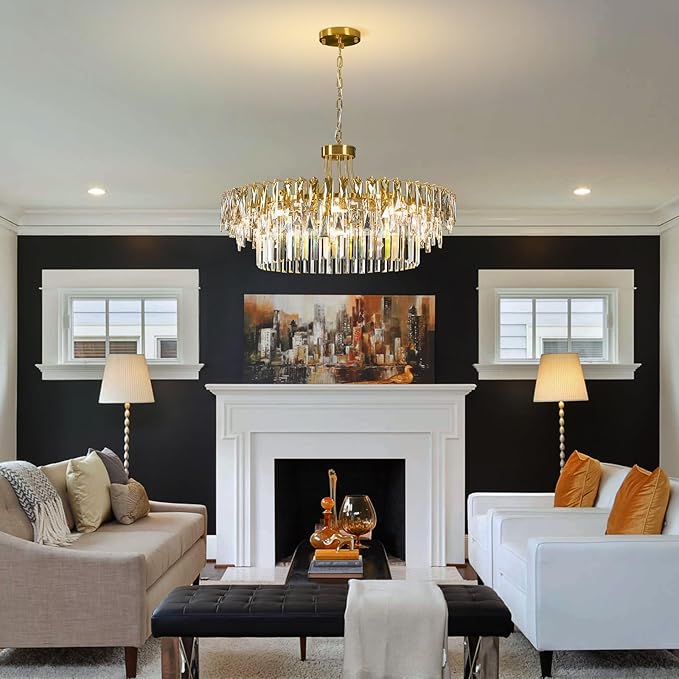 Modern Large Round Crystal Chandelier - 31.5'' Gold Luxury K9 Crystals Chandeliers for Dining room,Contemporary 3 Tier Raindrop Chandelier for Living room Bedroom Foyer Kitchen (Include light bulb)