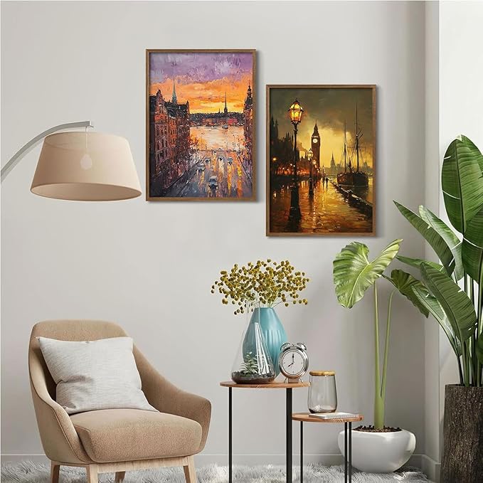 2Pcs Wood Framed Oil Painting Landscape Wall Art Vintage City Canvas Print Dusk Scenery Poster Decorative Painting European Street Scene Picture Living Room Study Gallery Decor 12x16 Inch