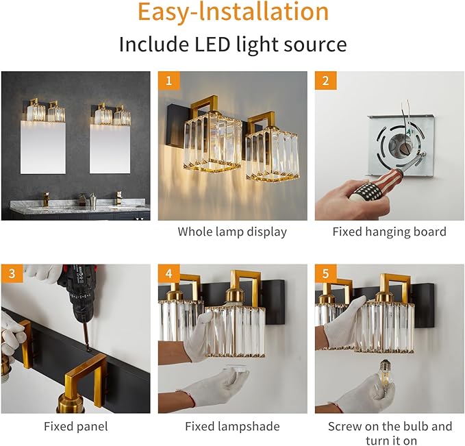 Modern Bathroom Vanity Light 2-Lights Black Gold Crystal Wall Lamp Bathroom Modern Crystal Vanity Lighting