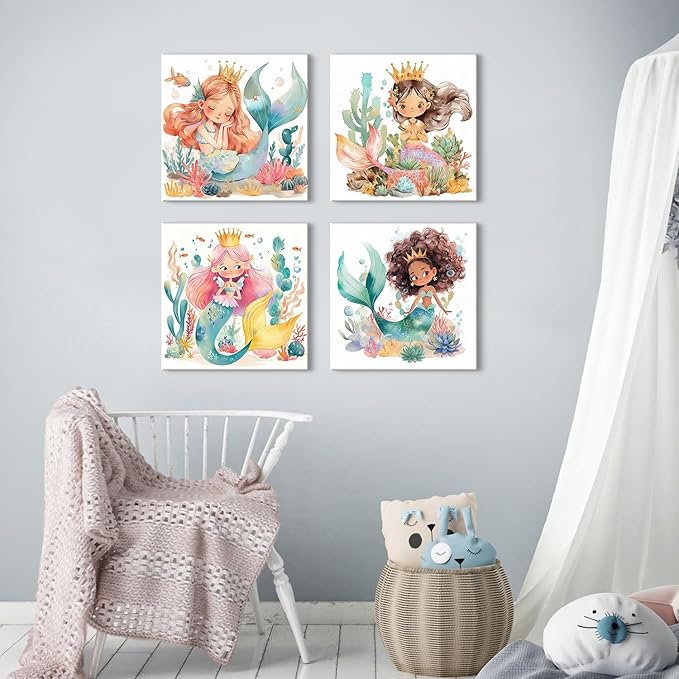 Mermaid Decor Wall Prints Mermaid Room Decor for Girls Bedroom Cute Under The Sea Decorations for Girls Nursery Posters Cartoon Bathroom Decor Wall Art Living Room Playroom Home Decorations 16×16" 4P