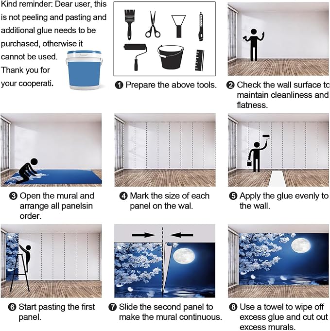 Japanese Mural Wallpaper, Japanese Cherry Blossoms Murals, Moon View Murals Wallpaper for Living Room Bedroom Home Decor Mural - 59" W x 39.23" H (Not Peel Stick)