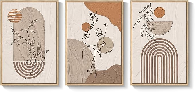 Neutral Framed Large Boho Canvas Wall Art, 3 Piece Bohemian Earth Tone Prints Paintings Artwork for Walls, Elegant Abstract Woman Face Pictures for Living Room, Bedroom, Office Wall Decor -16x24 Inch