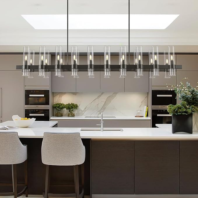 Black Linear Chandeliers for Dining Room, 68" Rectangle Chandelier with Glass, 20-Light Dining Room Chandeliers Over Table, Bronze Chandelier for Kitchen Island, Modern Pendant Light(Bulbs Included)