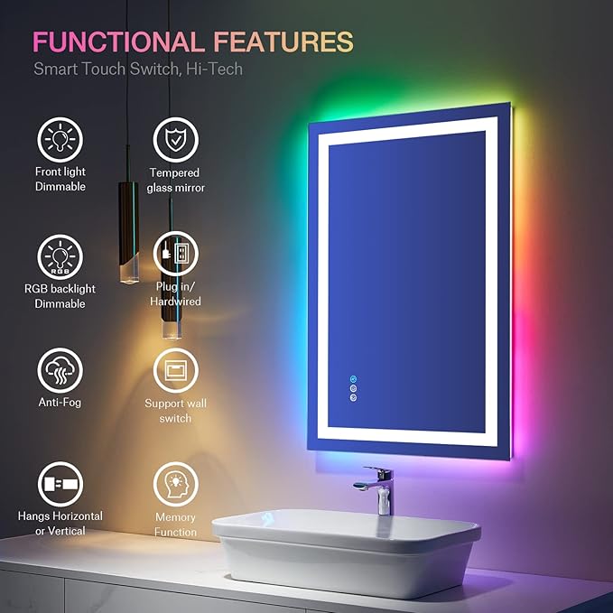 LOAAO 28"X36" LED Bathroom Mirror with Lights, Anti-Fog, Dimmable, RGB Backlit + Front Lighted, Bathroom Vanity Mirror for Wall, Memory Function, Tempered Glass (Safe to Use)