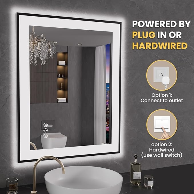 LOAAO 24"X30" LED Bathroom Mirror Black Framed, Anti-Fog, Dimmable, Lighted Bathroom Vanity Mirror for Wall, Memory Function, Tempered Glass