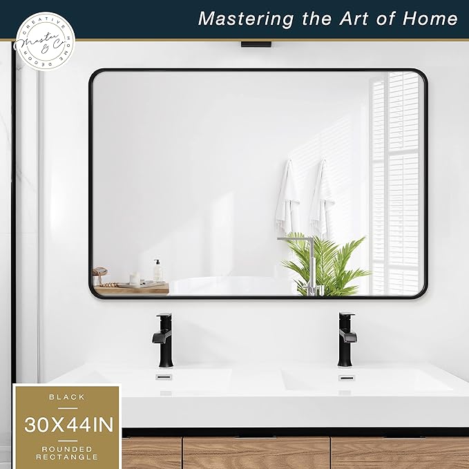 MCS Master & Co. Modern Metal Large Wall Mirror, Minimalist Home Decor Rectangle Mirror with Rounded Corners for Living Room, Bedroom, or Bathroom, 30 by 44 Inch, Black