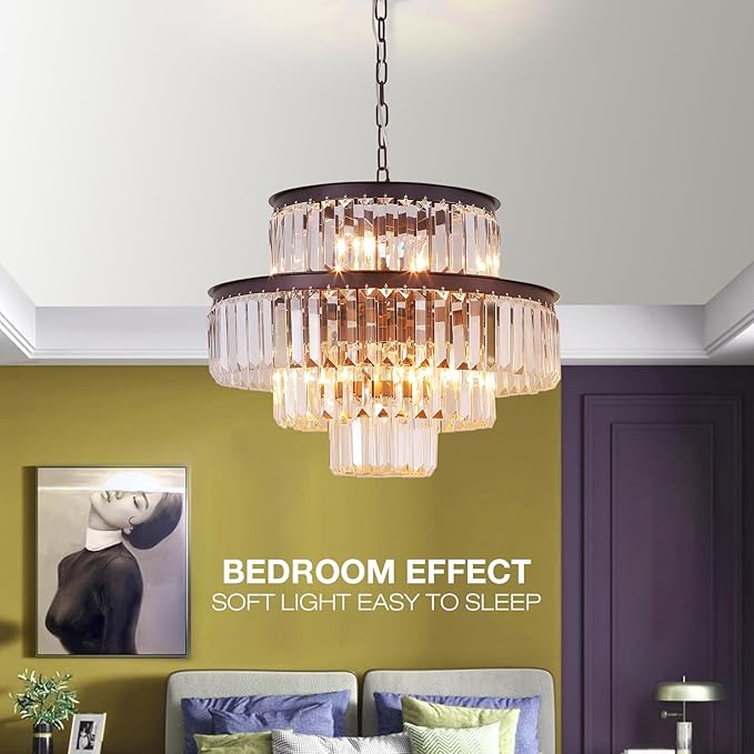 Modern Crystal Chandelier 20" Brown Round Pendant Light, 4-Tier Luxury Ceiling Light Fixture with Clear Prisms for Dining Room Living Room Foyer