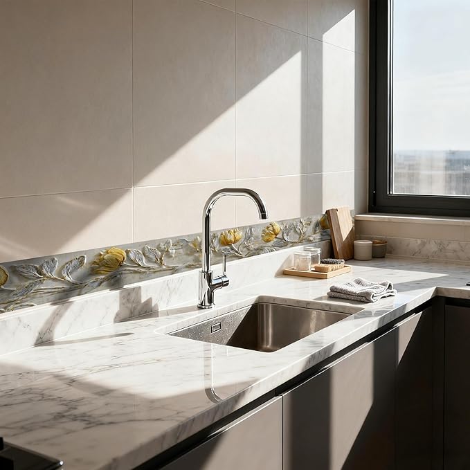 Nuxovilar Wallpaper Border Peel and Stick, Gold & White Tulip Floral Pattern Self-Adhesive Wallpaper, PVC 3.94×16.4 Ft, Ideal for Bedroom, Dining Room, Luxury Decor