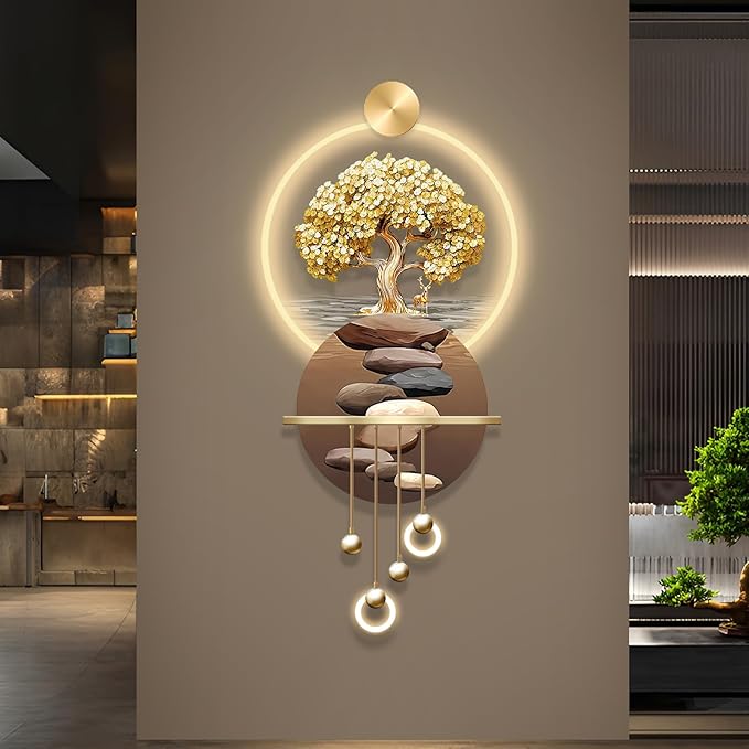 3D Art Wall Decor with Light, Art 3D Decor Wall Sculptures LED Modern Home Decors Picture Walls Light Chinese, Plug-in Power Supply, Gold T, 23x53IN