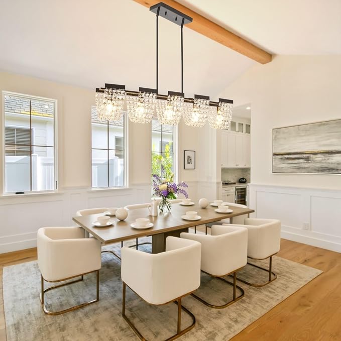 36" Black Chandelier, 5-Light Crystal Chandeliers for Dining Room, Modern Dining Room Light Fixture, Farmhouse Kitchen Island Lighting, Vintage Hanging Pendant Lights, Dining Chandelier Over Table