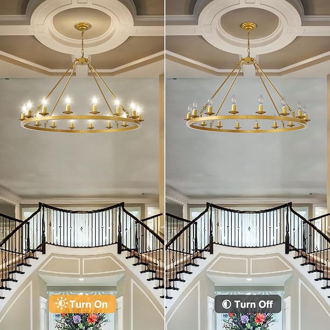 40in Gold Wagon Wheel Chandelier, 16 Light Farmhouse Large Chandelier Round Modern Rustic Industrial Adjustable Height for High Ceiling Living Room, Entryways, Foyer, Staircases, Dining Room