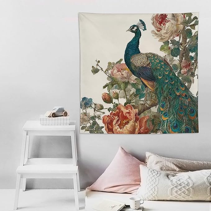 UUKXKUU Peacock Oriental Retro Blooming Flowers Tree Tapestry Flag Backdrop Wall Hanging Large Wall Art Decor for Dorm Office Bedroom Living Room 60"×60"