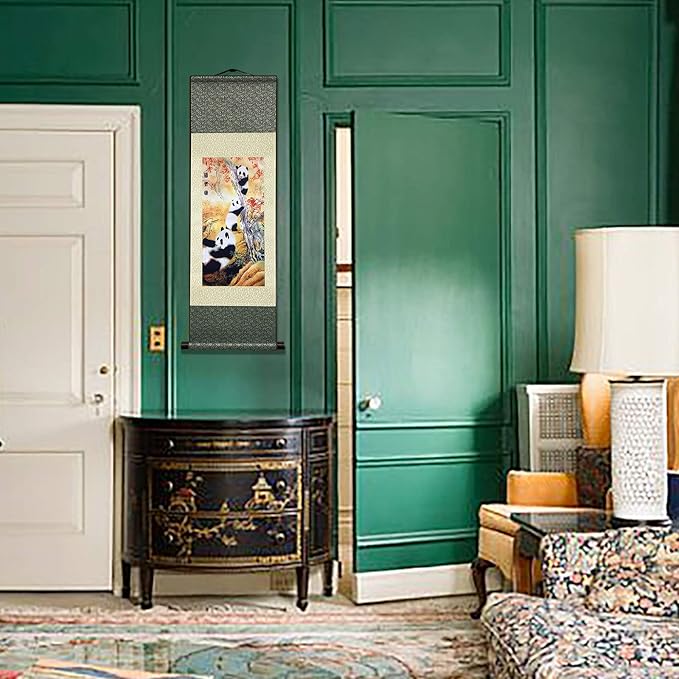 AtfArt Asian Wall Decor Beautiful Silk Scroll Painting National Treasure Chinese Panda Oriental Decor Chinese Art Wall Scroll Wall Hanging Painting Scroll (39 x 12 in)