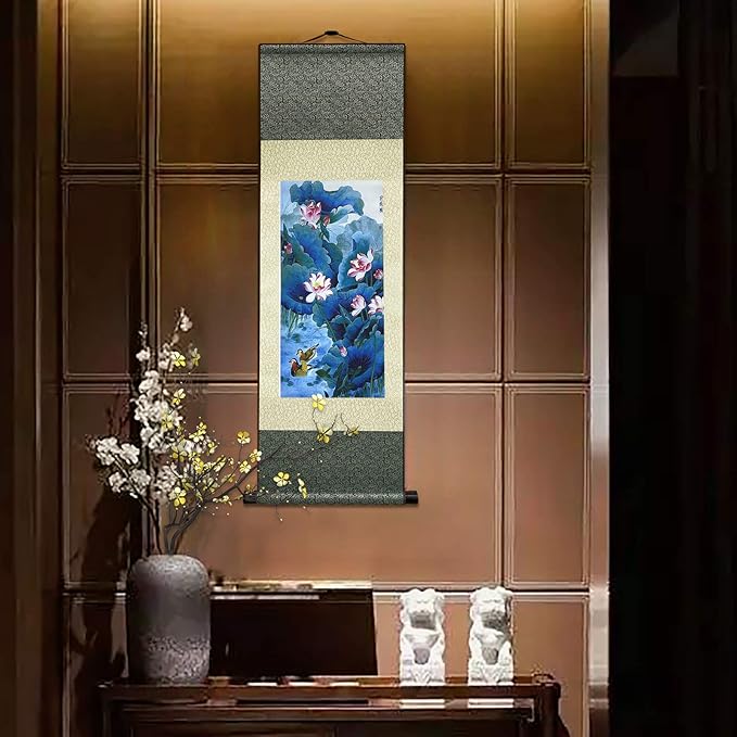 AtfArt Asian Wall Decor Beautiful Silk Scroll Painting Flowers - Lotus Chart Oriental Decor Chinese Art Wall Scroll Wall Hanging Painting Scroll (36.2 x 12 in)