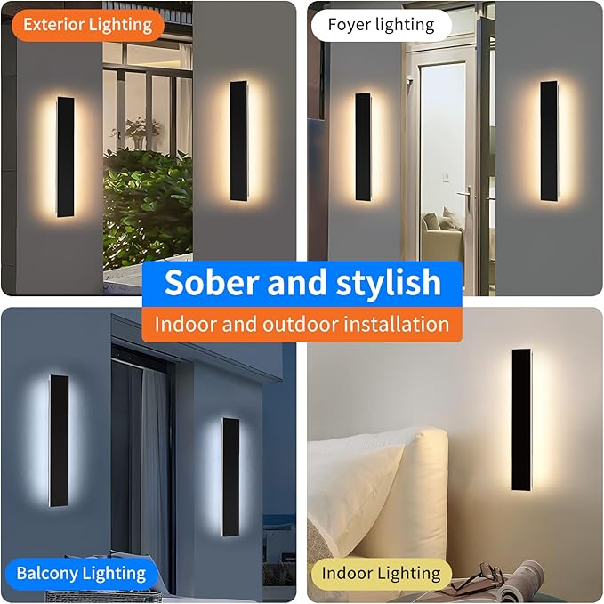 Mikeru Upgraded 2 Pack 23.6" Modern Outdoor Wall Sconce, 4.3" Wide IP65 Waterproof Exterior Light Fixtures Cover US Junction Box, 3000K/4500K/6000K 3-Color Temp LED Porch Lights for Garage, Patio