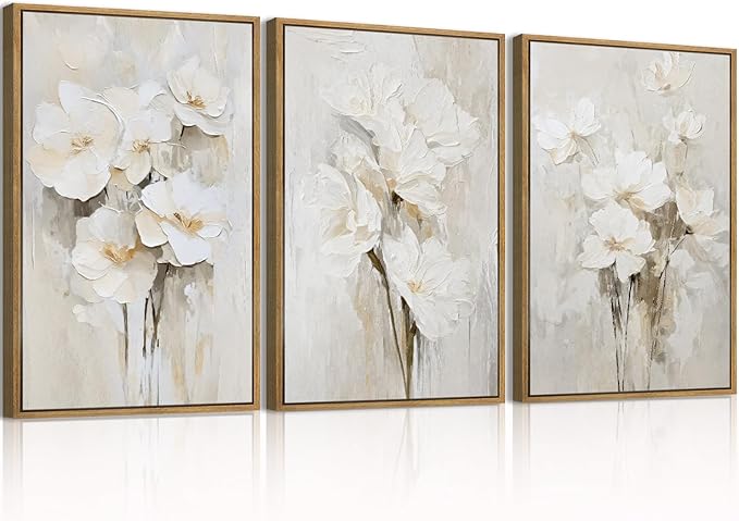 Anyzal Framed Beige Floral Wall Art Neutral Flower Wall Decor for Living Room Bedroom Dining Room 16x24 Inch Set of 3