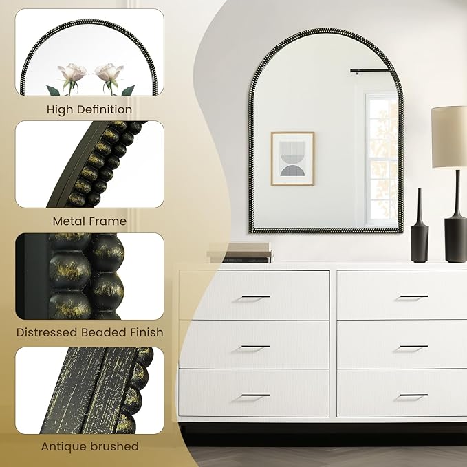 WallBeyond Black Vintage Mirror for Vanity 24x32 Inch, Gold Antique Mirror with Ornate Beaded Frame for Bathroom, Living Room, Fireplace, Entryway