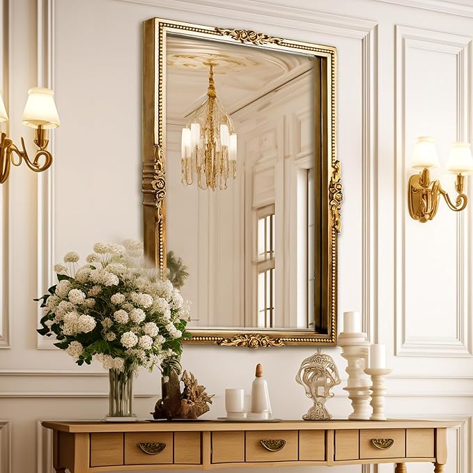 Antiqued Gold Wall Mirror with Beaded Frame – 24 * 36in Traditional & Flourish Baroque Ornate Rectangle Mirror for Over Fireplace/Entryway Vanity, Living Room or Event – Home Décor