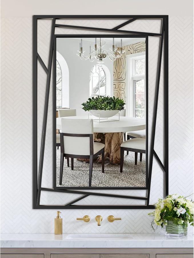 Black Bathroom Mirror, 36''X24'' Rectangle Decorative Wall Mirrors with Geometric Metal Frame for Bathroom, Living Room, Bedroom, Entrance, Expands Space, Horizontal/Vertical