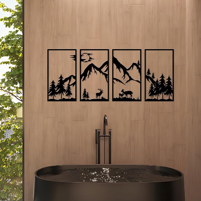 4 Pcs Mountain Scene Metal Wall Decor, Black Line Drawing Wall Art, Abstract Minimalist Rustic Nature Home Wall Art Sculpture for Garden Home Decor