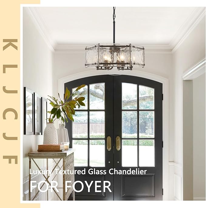 6-Light Black Glass Chandelier, 18.7" Modern Textured Glass Drum Chandelier for Dining Room, Farmhouse Round Hanging Light Fixture for Dining Room Kitchen Island Living Room Hallway Bedroom