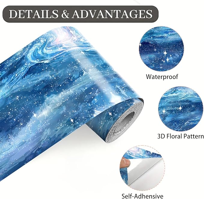 Blue Galaxy Wallpaper Border 196x4 Inch Peel and Stick Wall Border Self Adhesive Cosmic Starry Sky Removable Vinyl Trim for Living Room Bedroom Bathroom Kitchen Cabinet Decoration