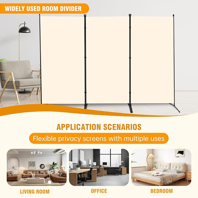 3 Panel Folding Privacy Screens, 6 FT Tall Wall Divider with Metal Frame, Freestanding Room Divider for Office Bedroom Study (3 Panel, Beige)