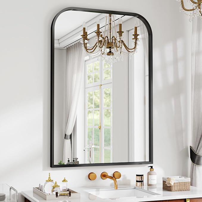Black Wall Mounted Bathroom Mirror - 36 x 24 Inch Round Cruved Top Right Angle Bottom Wall Mirror, Aluminum Metal Framed, Decor for Living Room, Bedroom, Fireplace, Mantle, Entryway