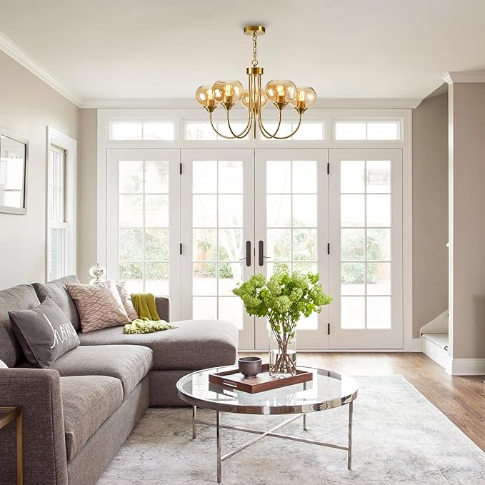 Mid Century Modern Globe Chandelier 5 Light Amber Glass Vintage Sputnik Chandeliers Gold Pendant Light Fixtures for Dining Room Kitchen Living Room Bedroom