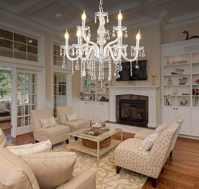 MALOSA Clear Crystal Chandeliers,9 Lights Glass Large Chandelier for Bedroom,Dining Room,Living Room,Double Layer 26.4"