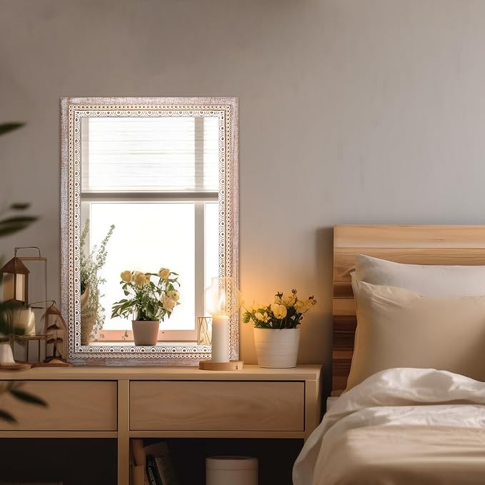 36x24 Inch Wooden Rectangle Bathroom Mirror with Beaded Frame, Rustic Farmhouse Decorative Wall Mirrors for Over Sink, Living Room, Entryway (Horizontal/Vertical Mounting)