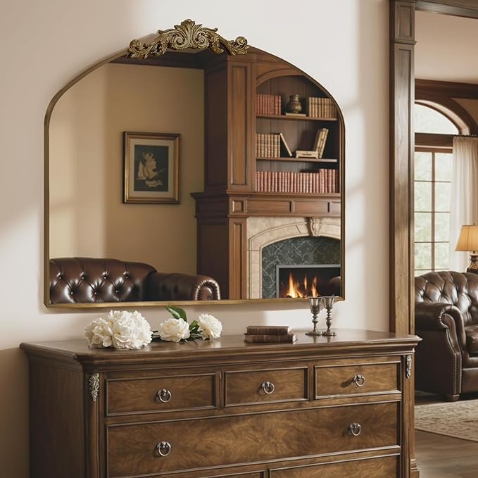 MISSDAY Vintage Arched Baroque Mirror for Wall, 36"X30" Antique Wall Mirror with Elegant Carving Top, Full Metal Frame Wall-Mounted Mirror for Bathroom, Living Room, Fireplace, Entryway, Retro Bronze