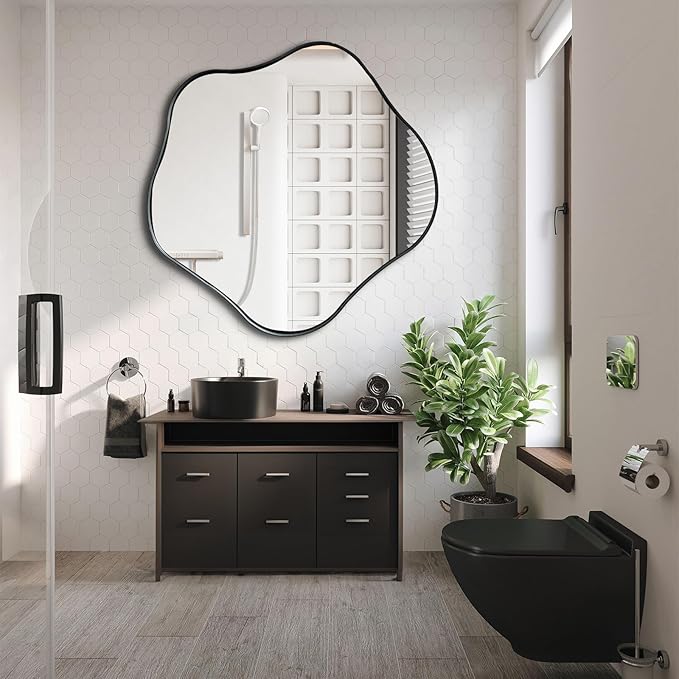 Large Scalloped Mirror, 35" Irregular Shaped Mirror, Asymmetrical Wall Mirrors Decorative, Modern Wavy Round Mirrors for Living Room Bathroom Bedroom Hallway Entryway Fireplace