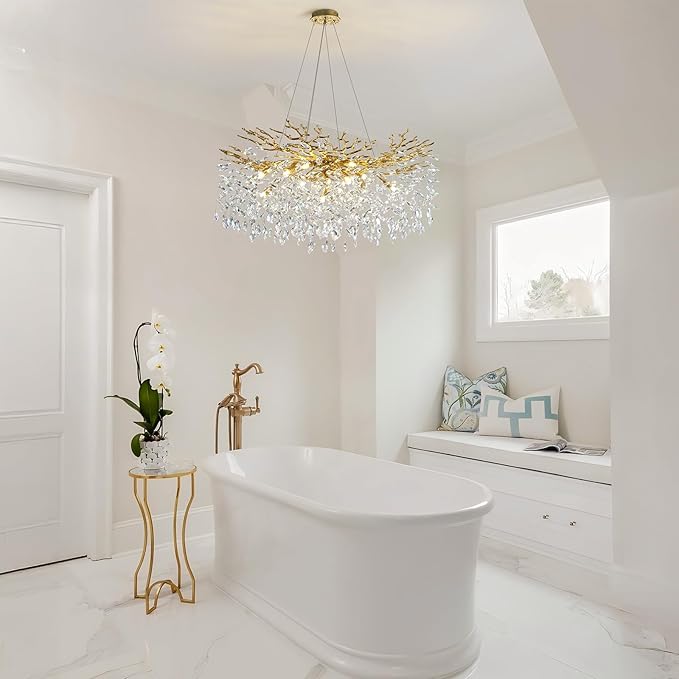 Modern Crystal Chandeliers for Dining Room Over Table, 40" Round Gold Tree Branche Chandelier, Large Crystal Chandelier for Living Room,High Ceiling,Foyer,Entryway,Kitchen Island,Staircase