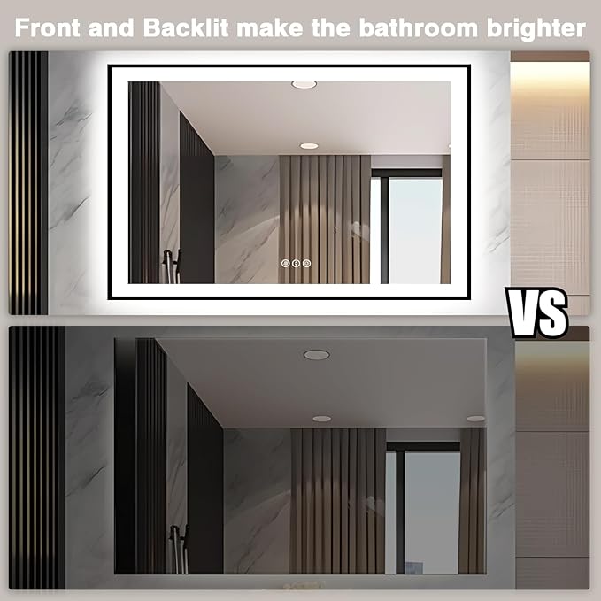 51x32 LED Lit Bathroom Mirror - Black Framed, Front and Backlit LED Lighted, Anti-Fog Bathroom Mirror with Lights, 3 Colors Stepless Dimmable Mirror, Touch Sense (Horizontal/Vertical)
